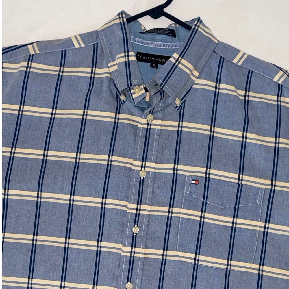Tommy Hilfiger Mens Plaid Short Sleeve Button Down Shirt Blue Cream XL